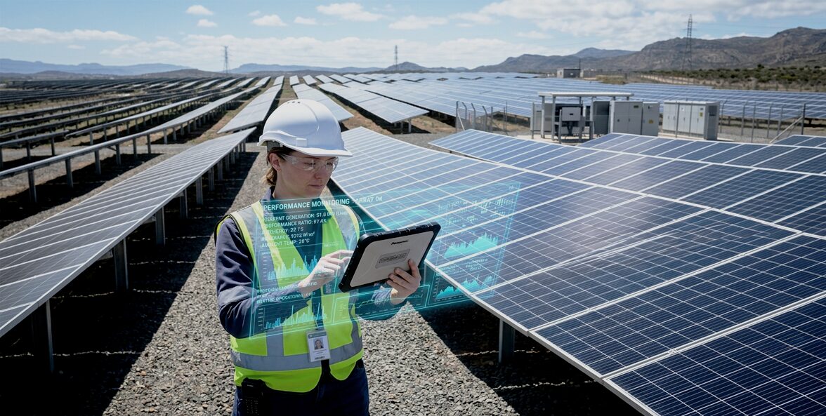 Engenheira com capacete, óculos e colete acompanhando o desempenho da usina em um tablet