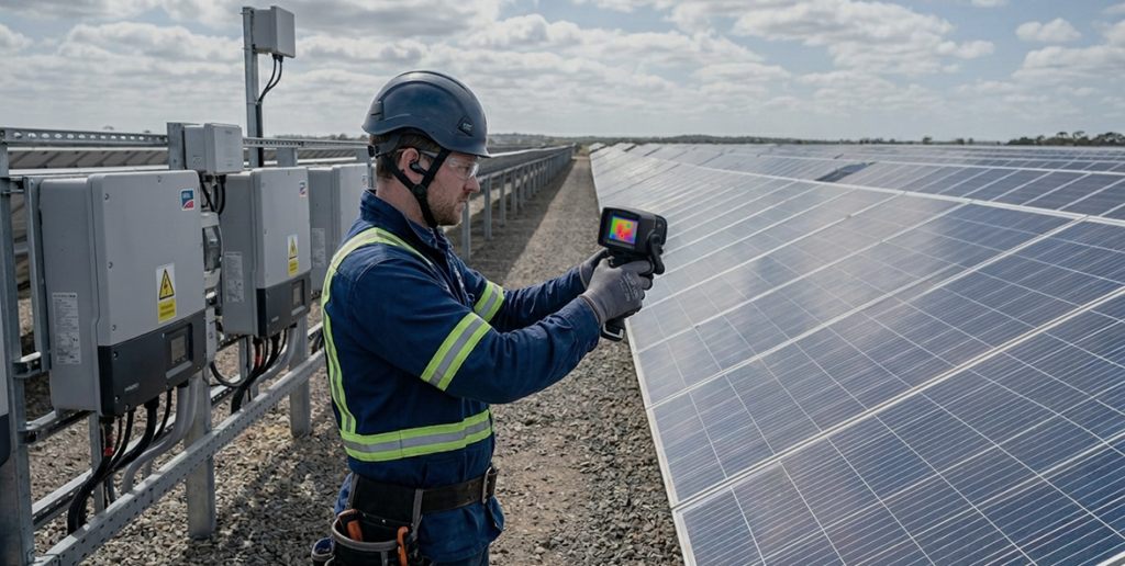 Técnico com capacete, óculos e luvas fazendo inspeção termográfica em usina solar